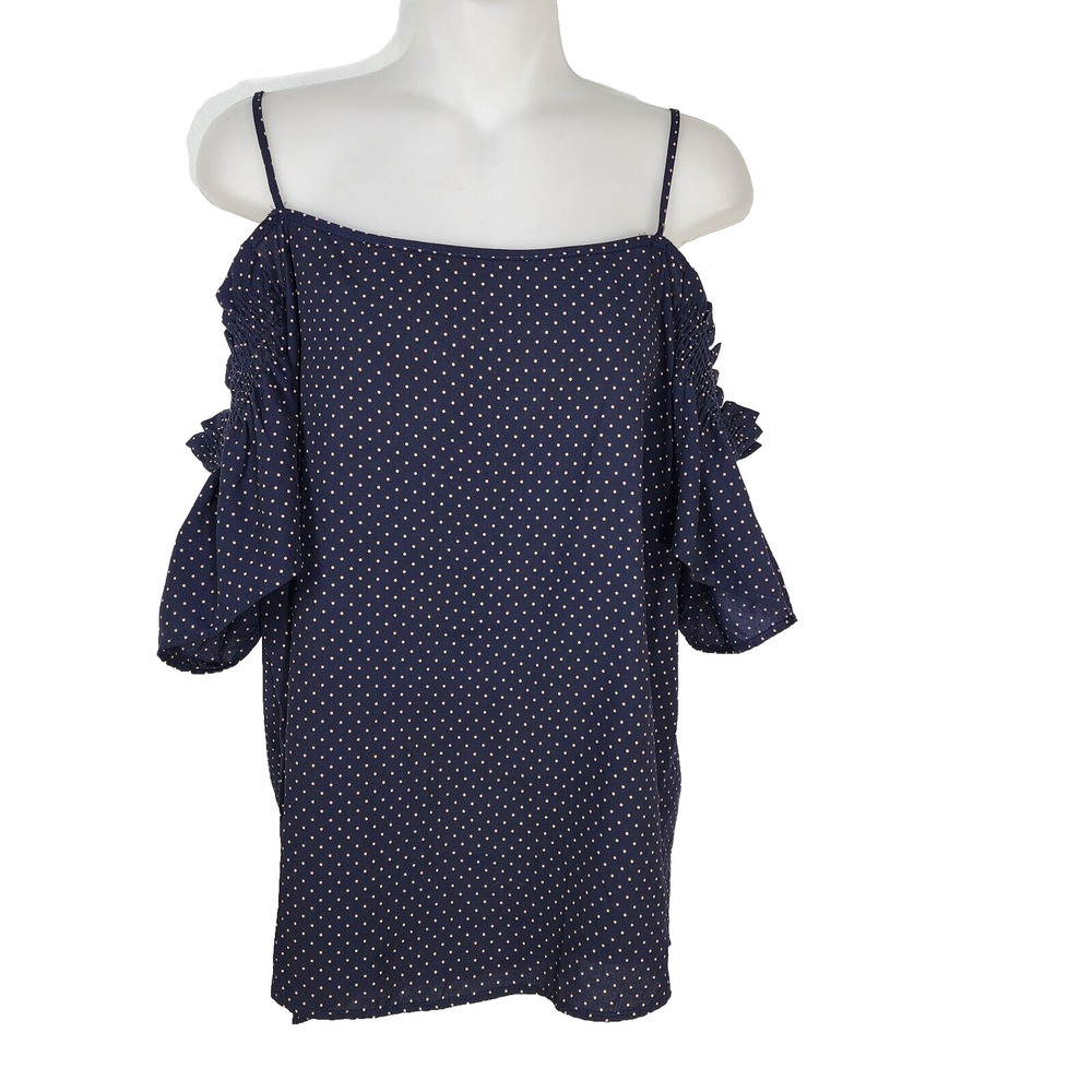 Jella C Womens Top Size XL Blue Tan Polka Dots Off the Shoulder Spaghetti Straps